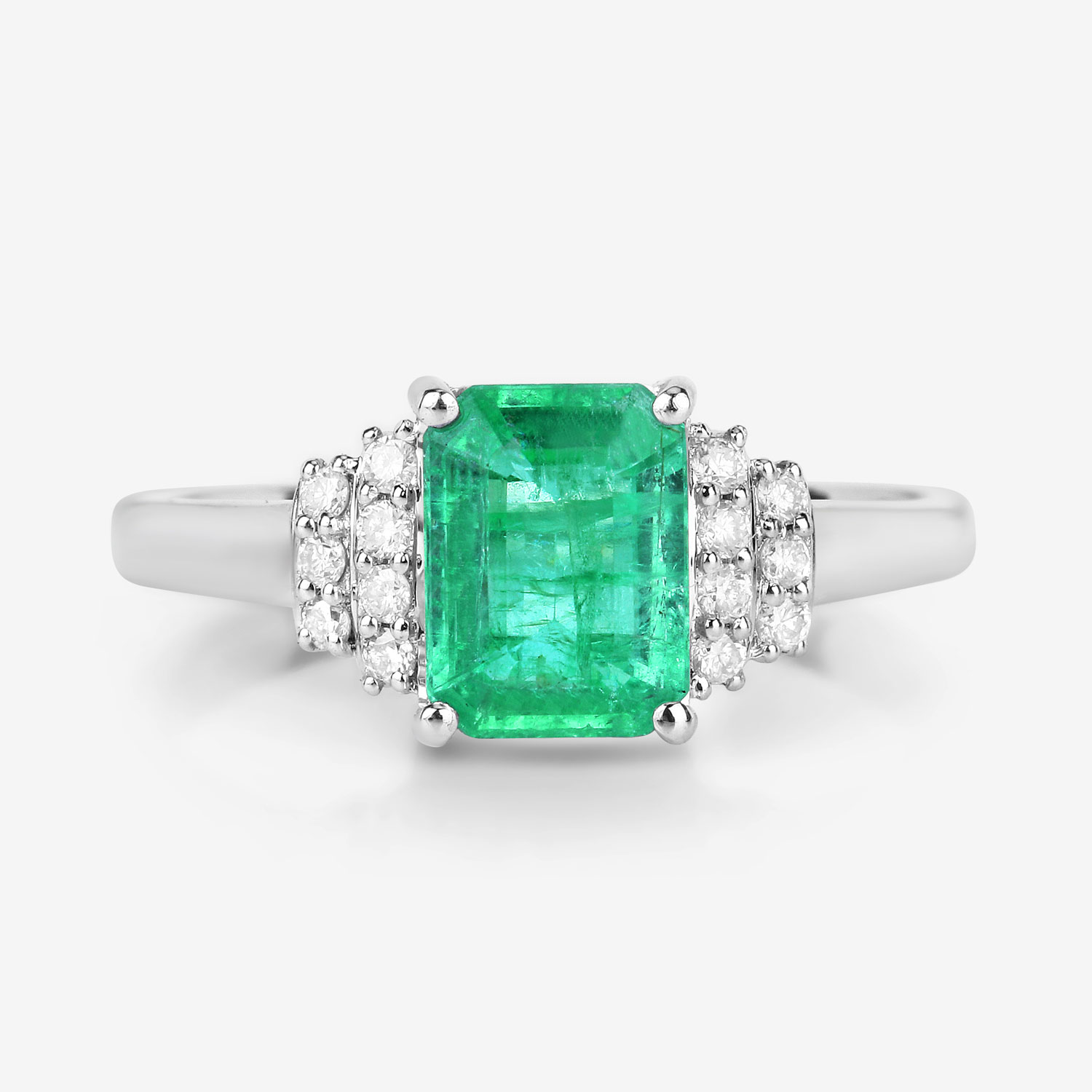1.61 Carat Genuine Ethiopian Emerald and White Diamond 14K White Gold Ring
