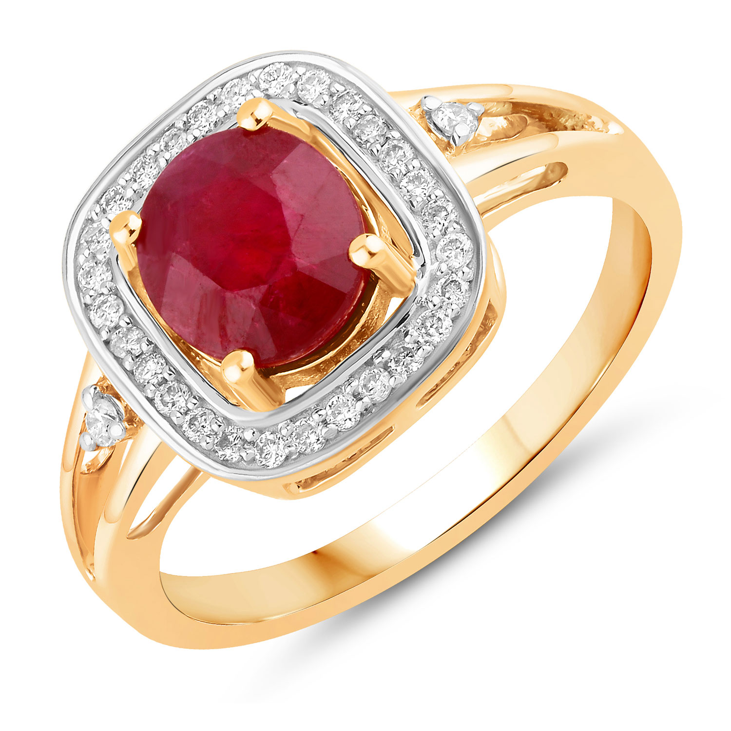 1.67 Carat Genuine Ruby and White Diamond 14K Yellow Gold Ring