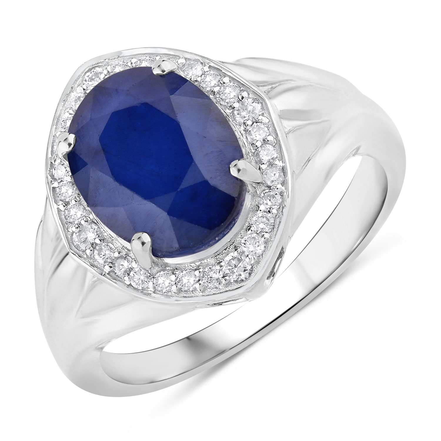 3.31 Carat Genuine Blue Sapphire and White Diamond 14K White Gold Ring
