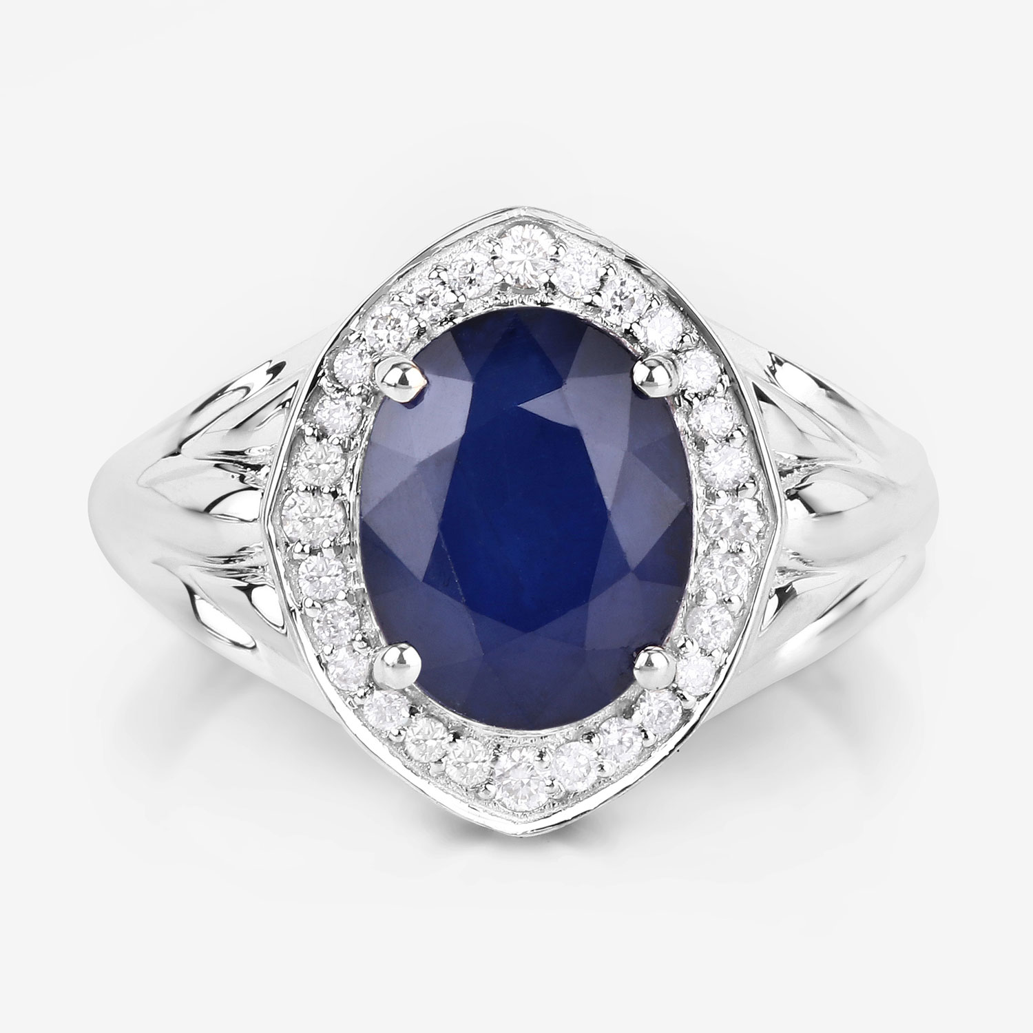 3.31 Carat Genuine Blue Sapphire and White Diamond 14K White Gold Ring