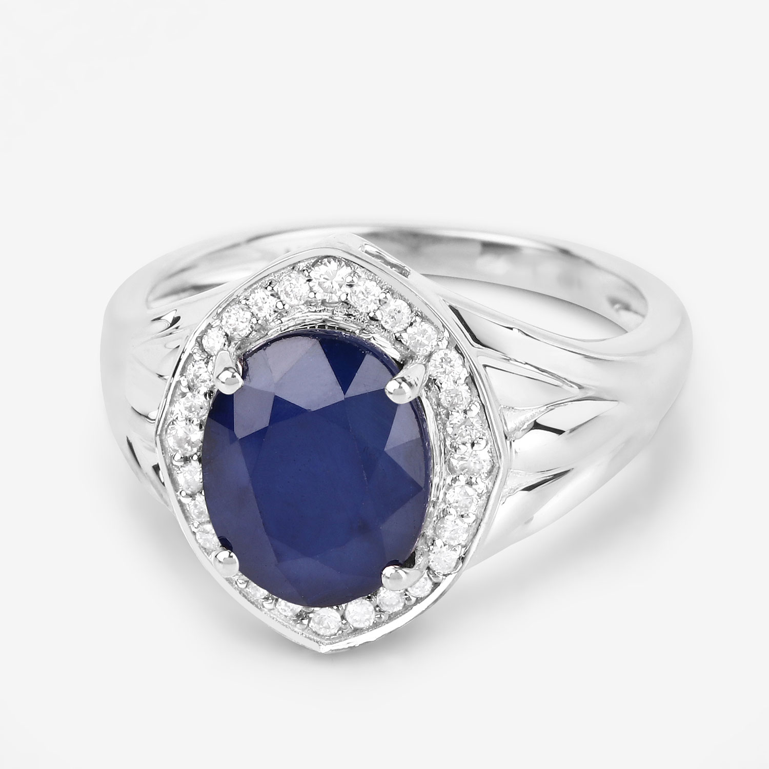 3.31 Carat Genuine Blue Sapphire and White Diamond 14K White Gold Ring