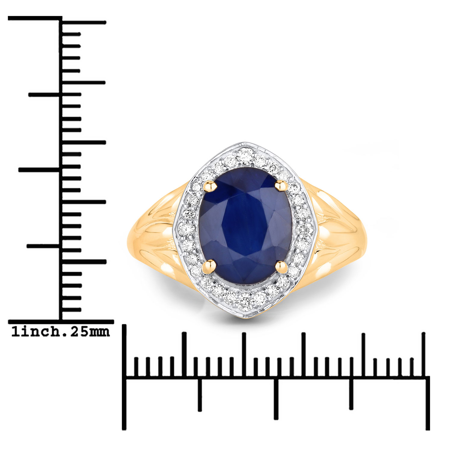 3.31 Carat Genuine Blue Sapphire and White Diamond 14K Yellow Gold Ring