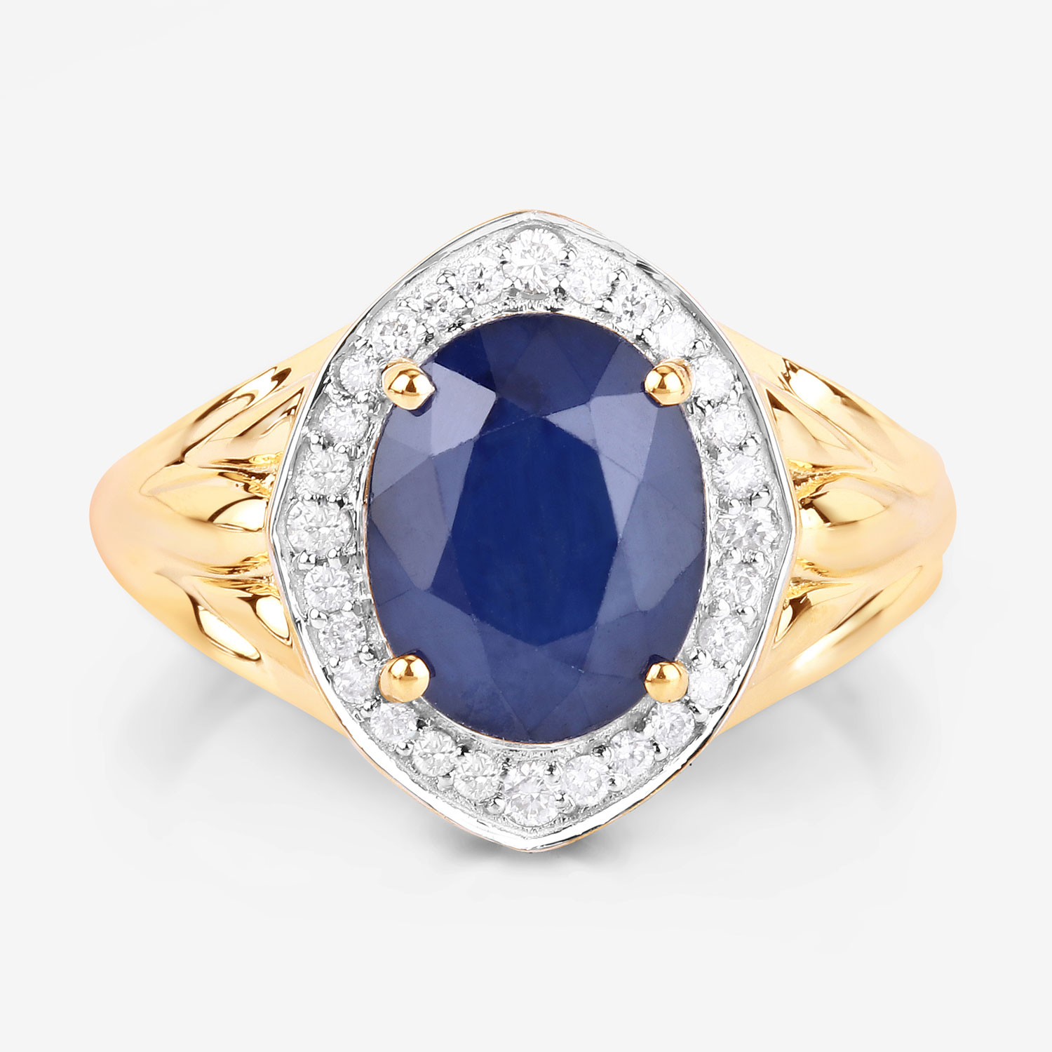 3.31 Carat Genuine Blue Sapphire and White Diamond 14K Yellow Gold Ring