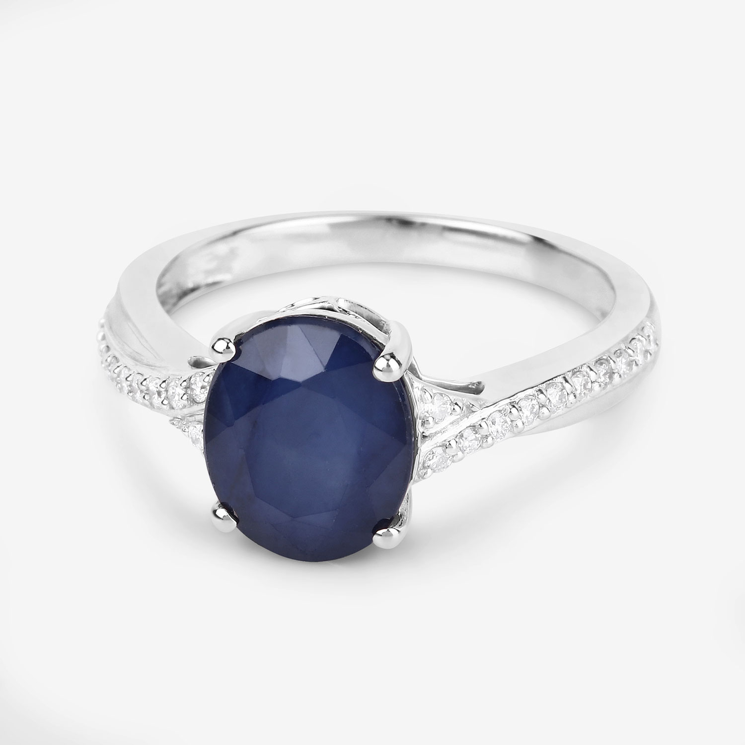 3.28 Carat Genuine Blue Sapphire and White Diamond 14K White Gold Ring