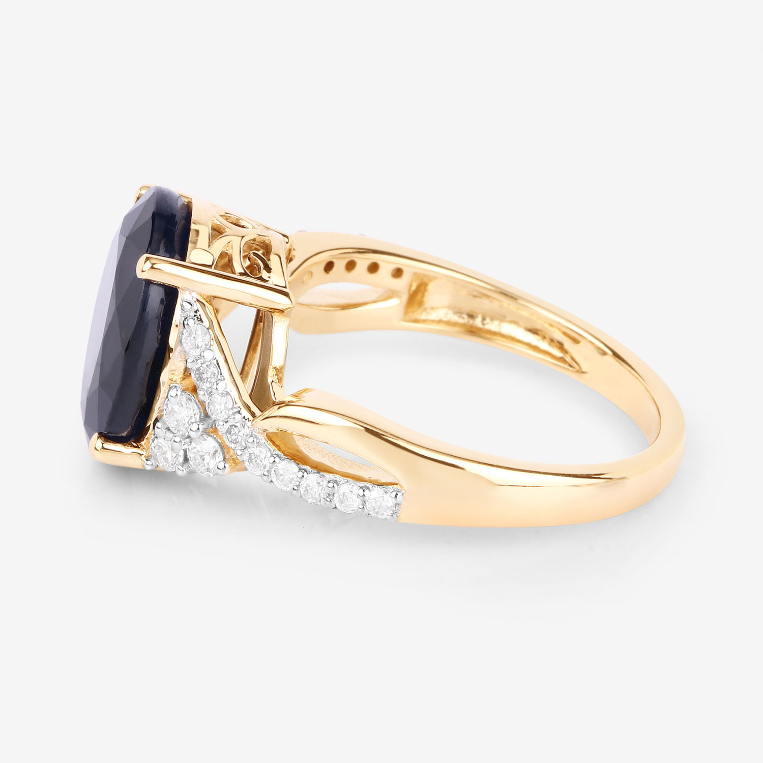 6.54 Carat Genuine Blue Sapphire and White Diamond 14K Yellow Gold Ring