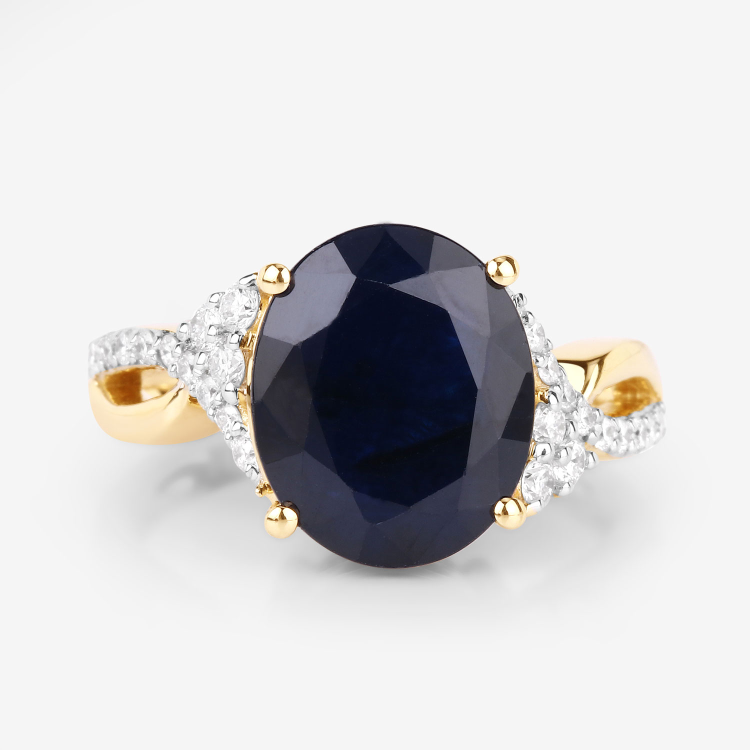 6.54 Carat Genuine Blue Sapphire and White Diamond 14K Yellow Gold Ring