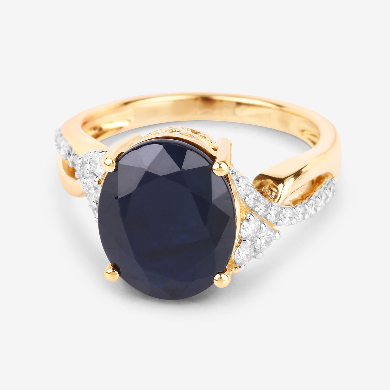 6.54 Carat Genuine Blue Sapphire and White Diamond 14K Yellow Gold Ring