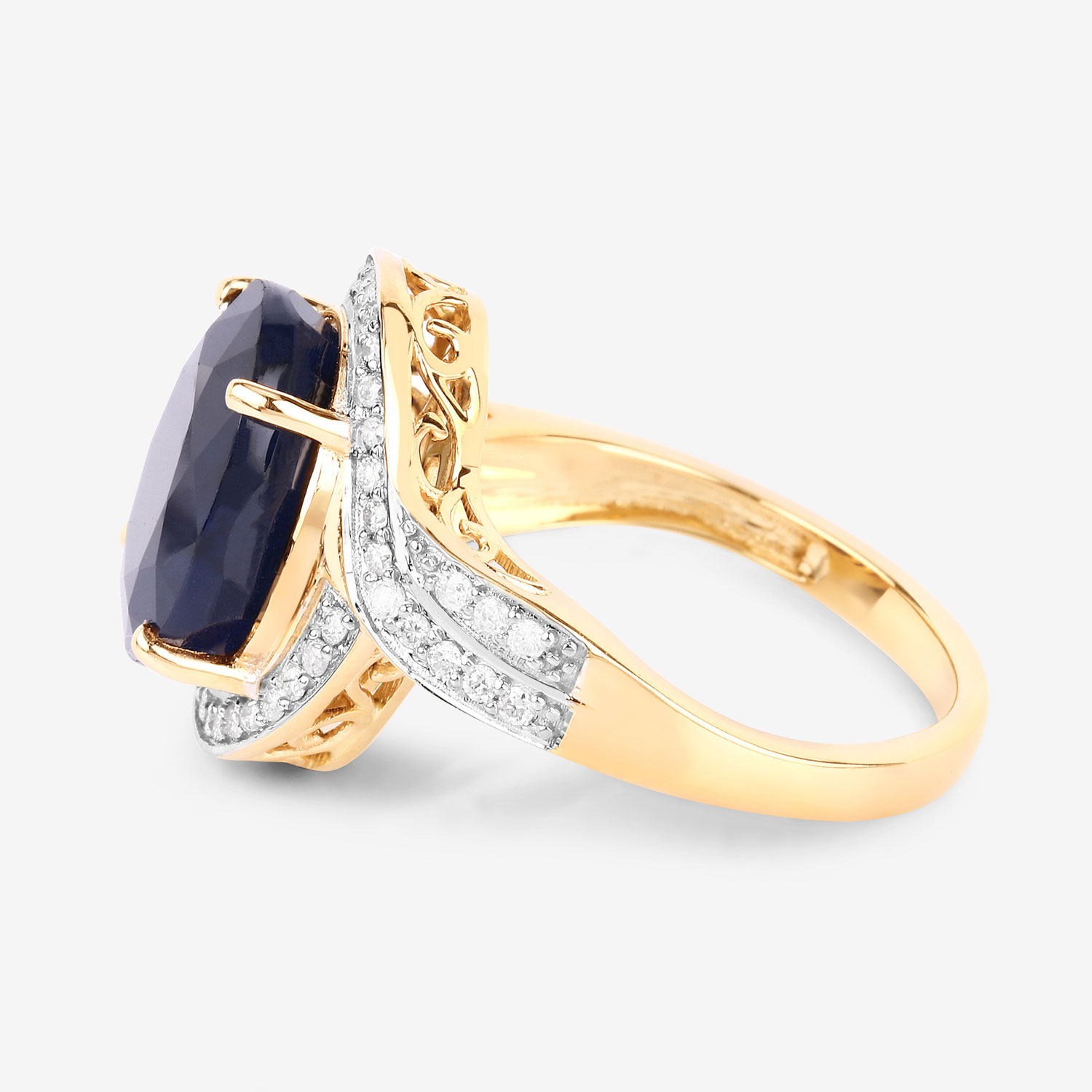 6.52 Carat Genuine Blue Sapphire and White Diamond 14K Yellow Gold Ring