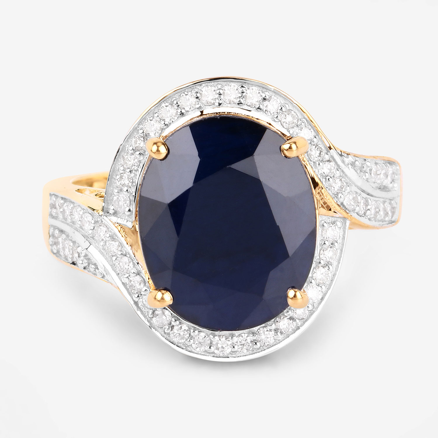 6.52 Carat Genuine Blue Sapphire and White Diamond 14K Yellow Gold Ring