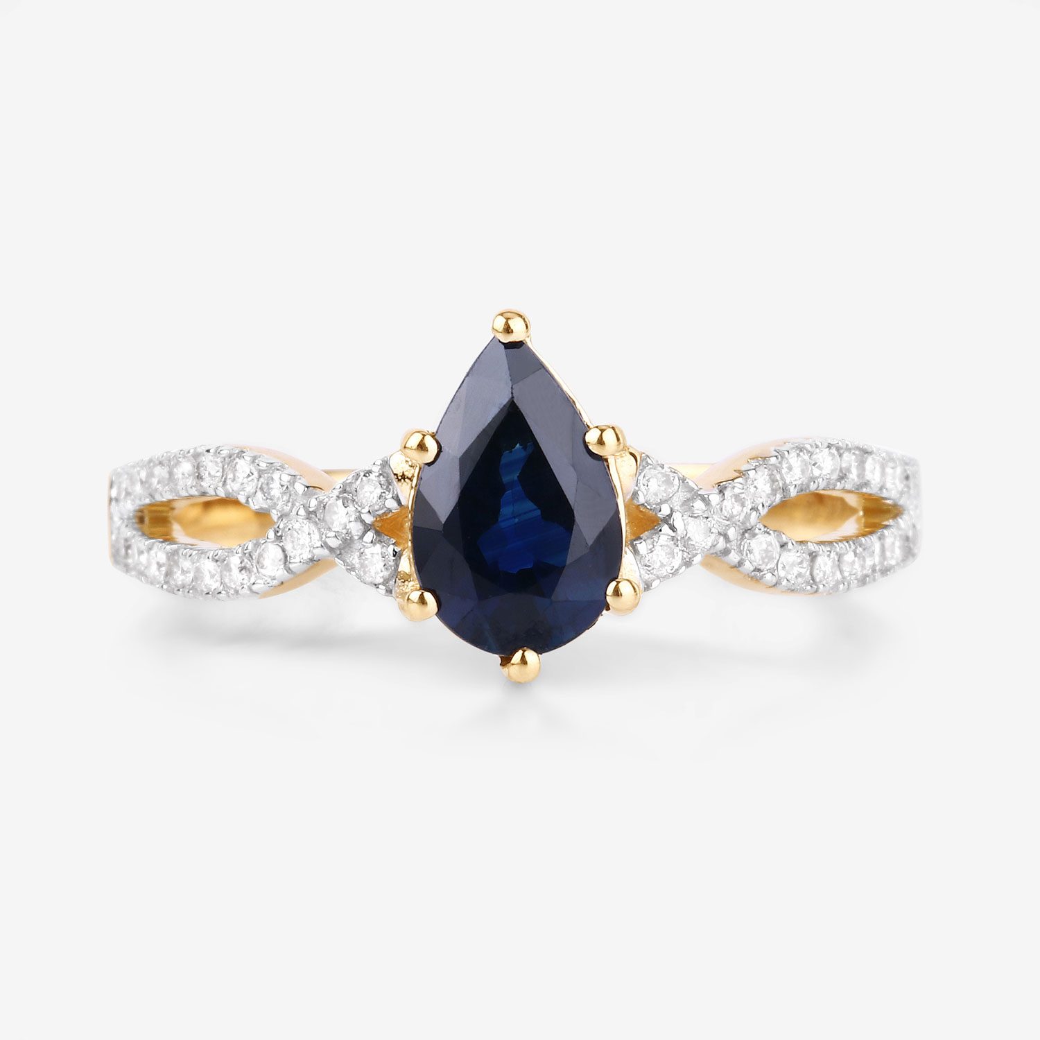 1.14 Carat Genuine Blue Sapphire and White Diamond 14K Yellow Gold Ring