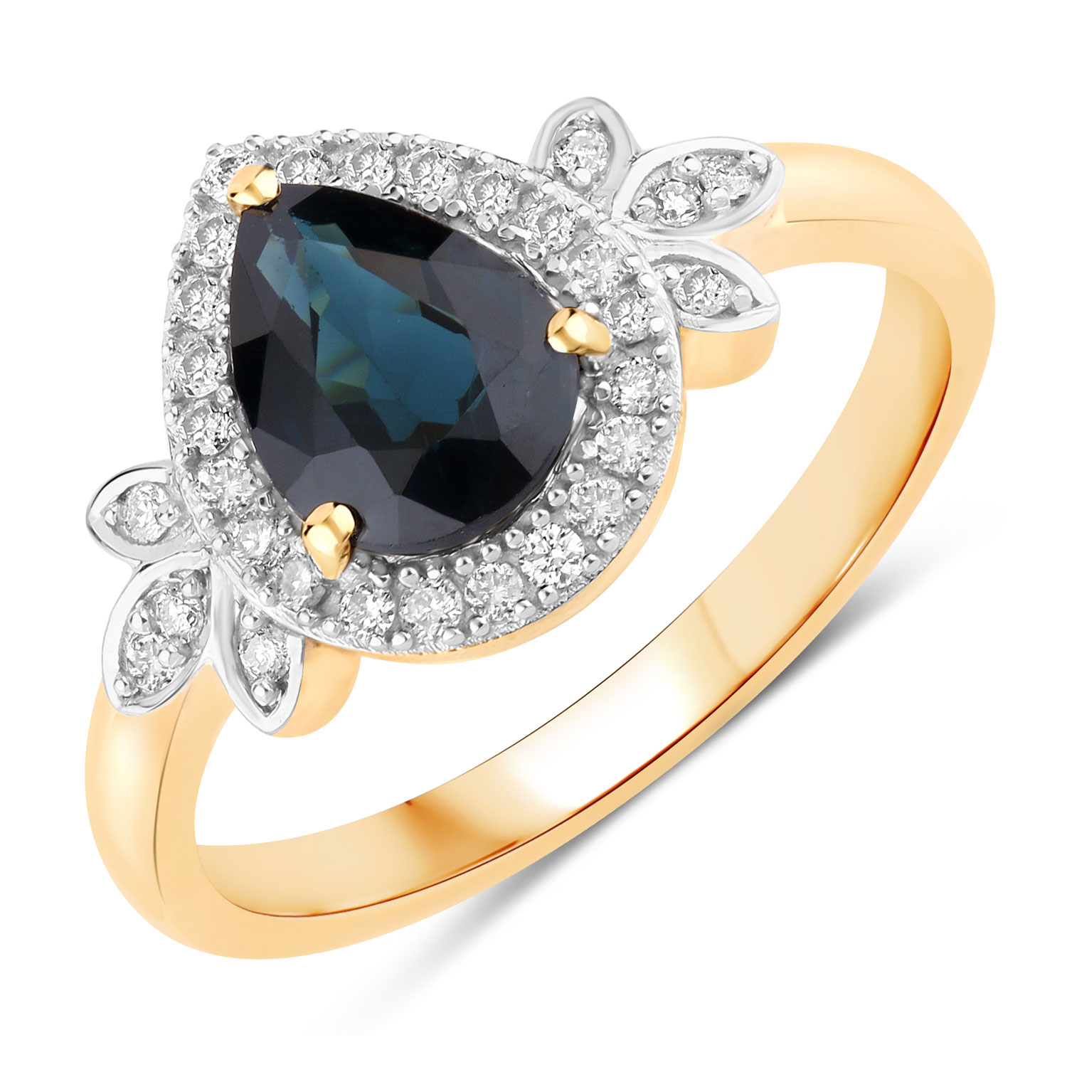 1.54 Carat Genuine Blue Sapphire and White Diamond 14K Yellow Gold Ring