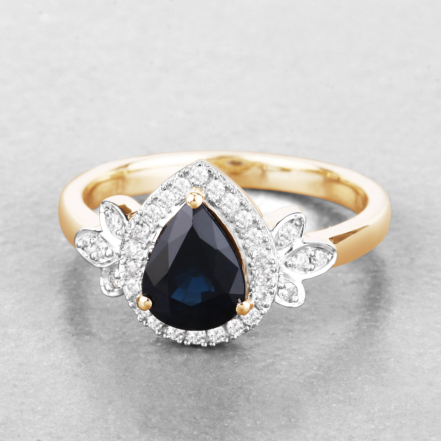 1.54 Carat Genuine Blue Sapphire and White Diamond 14K Yellow Gold Ring