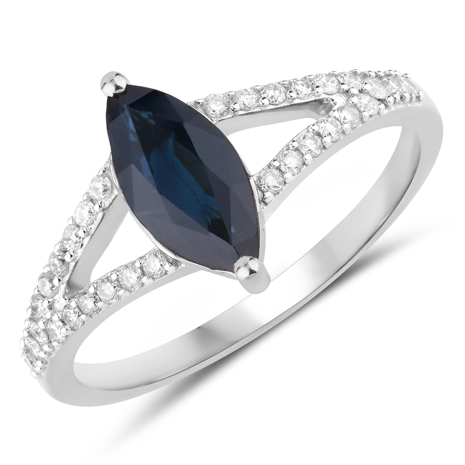 1.49 Carat Genuine Blue Sapphire and White Diamond 14K White Gold Ring