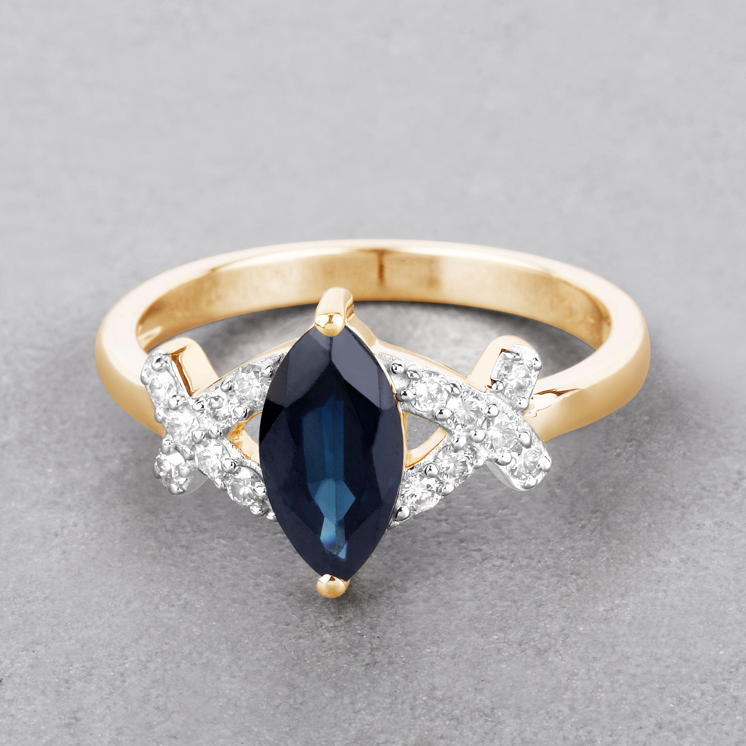 1.50 Carat Genuine Blue Sapphire and White Diamond 14K Yellow Gold Ring