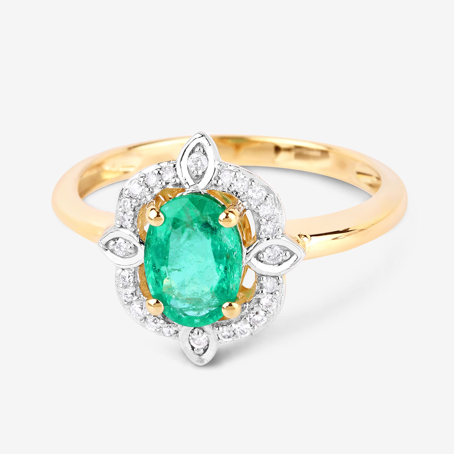 0.91 Carat Genuine Zambian Emerald and White Diamond 14K Yellow Gold Ring