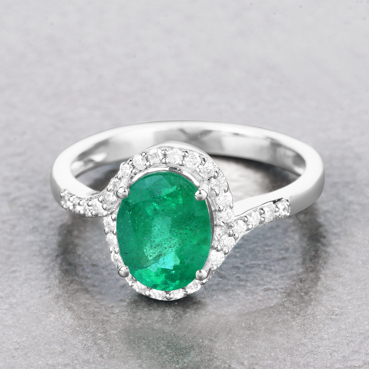 1.92 Carat Genuine Zambian Emerald and White Diamond 14K White Gold Ring