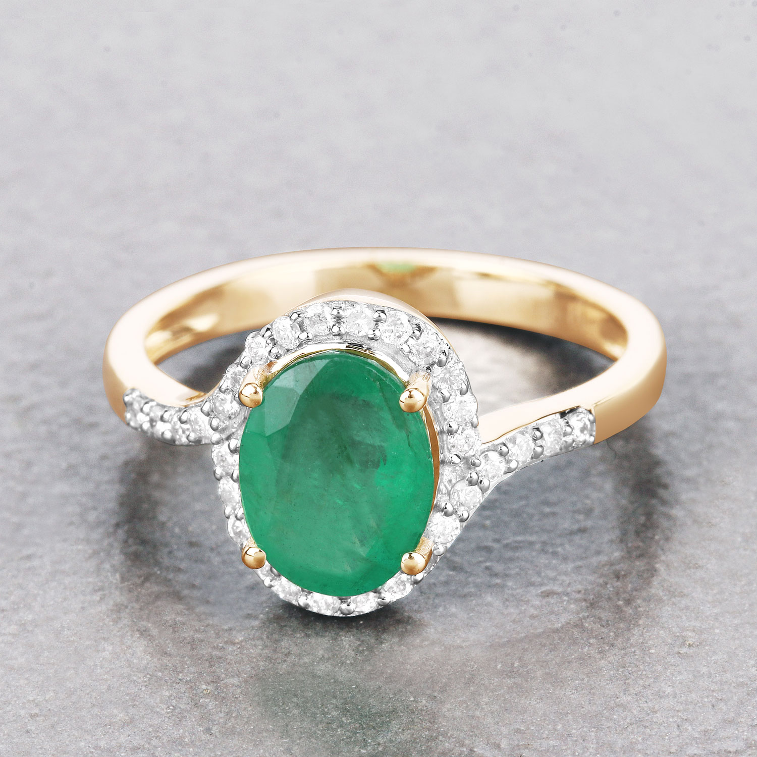 1.92 Carat Genuine Zambian Emerald and White Diamond 14K Yellow Gold Ring