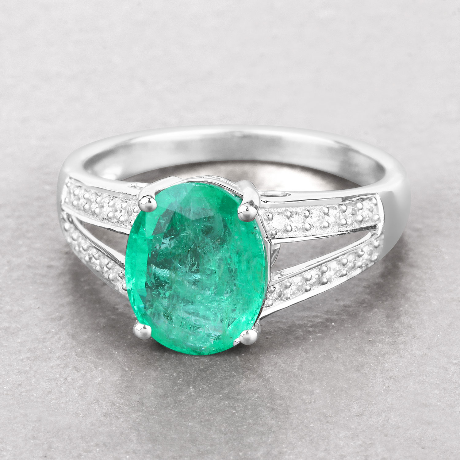 2.29 Carat Genuine Zambian Emerald and White Diamond 14K White Gold Ring