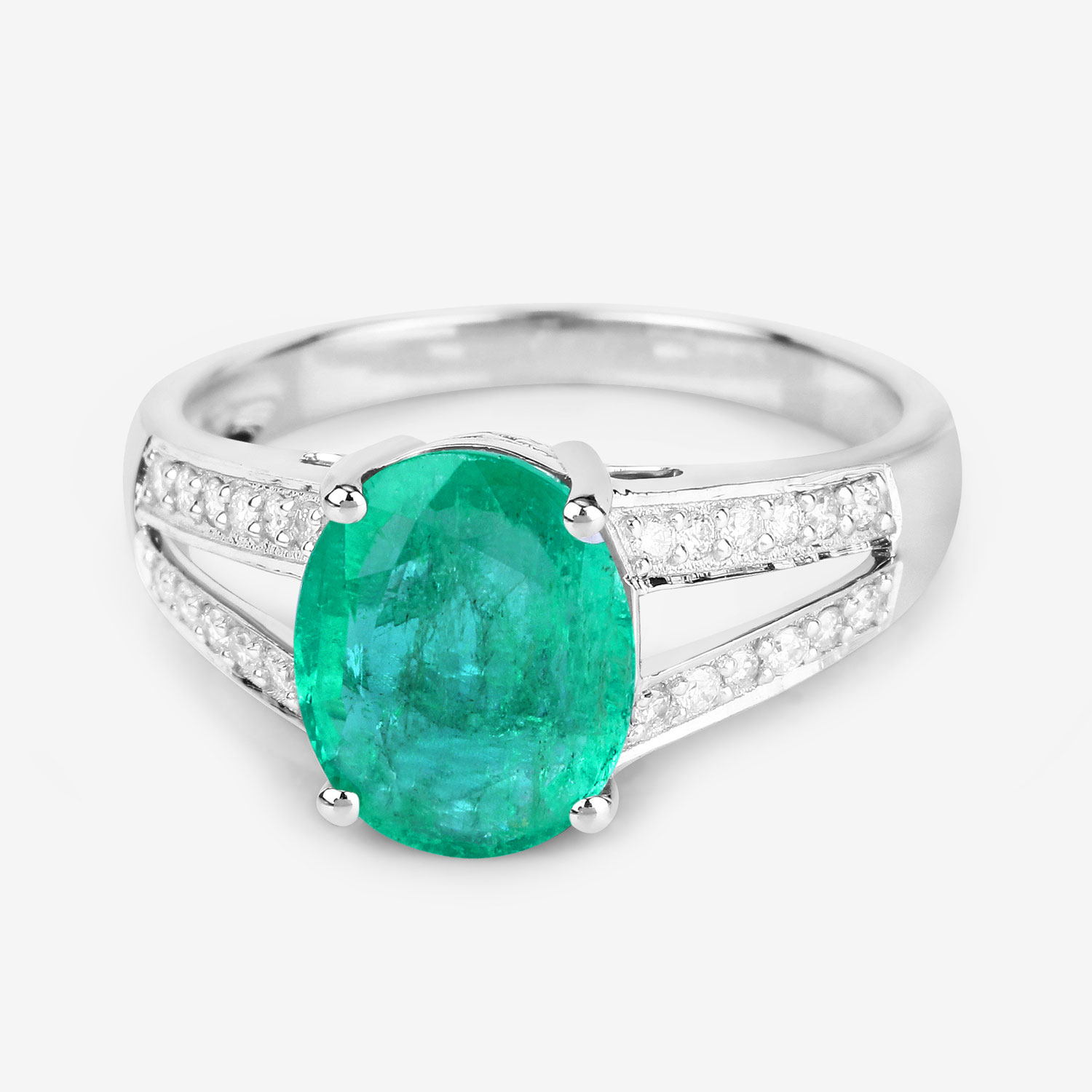 2.29 Carat Genuine Zambian Emerald and White Diamond 14K White Gold Ring