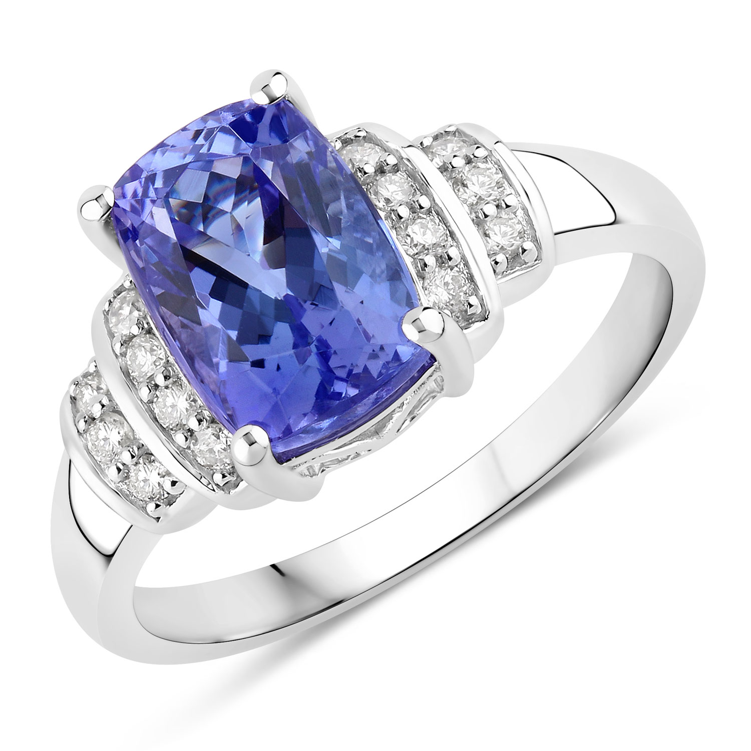 3.33 Carat Genuine Tanzanite and White Diamond 14K White Gold Ring