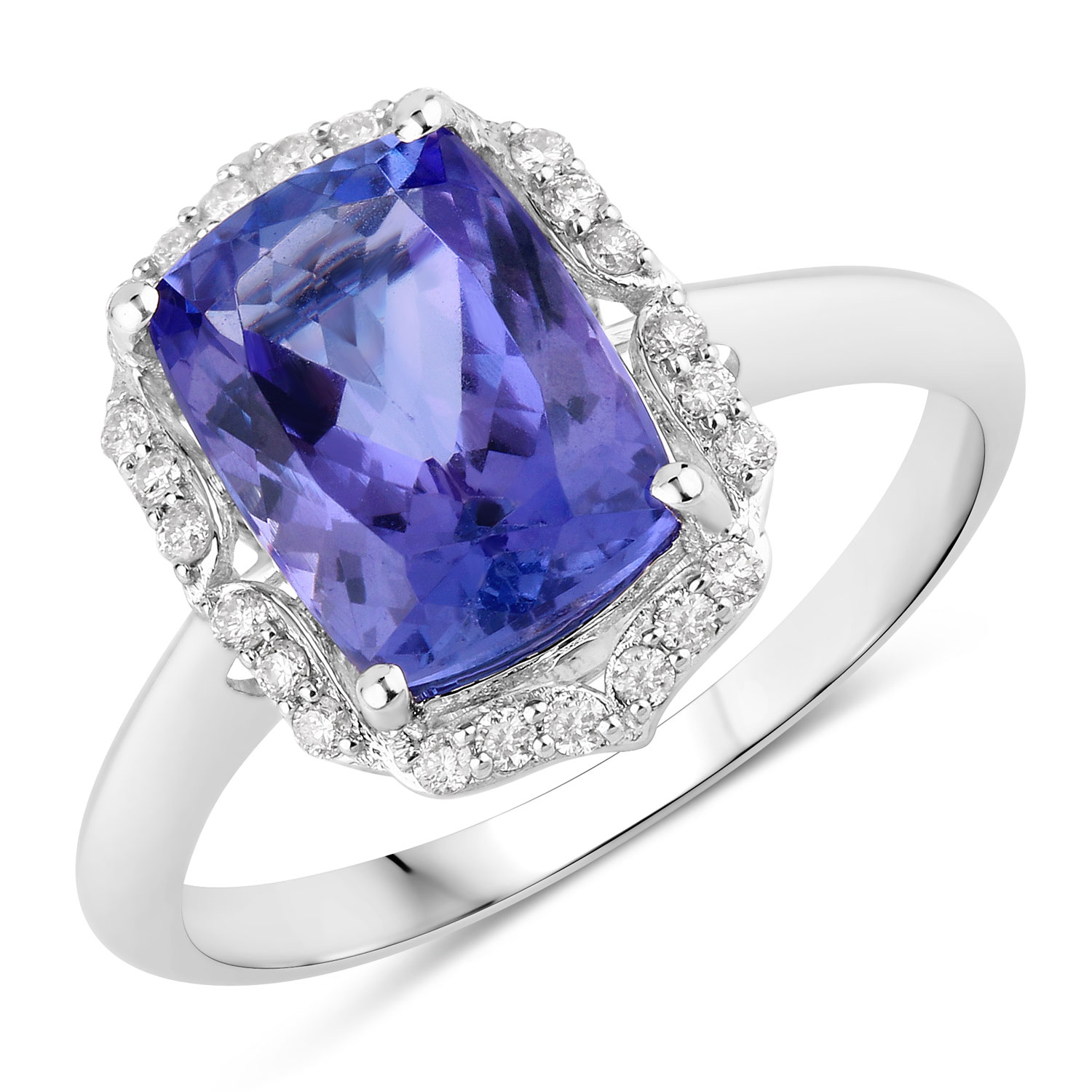 3.14 Carat Genuine Tanzanite and White Diamond 14K White Gold Ring