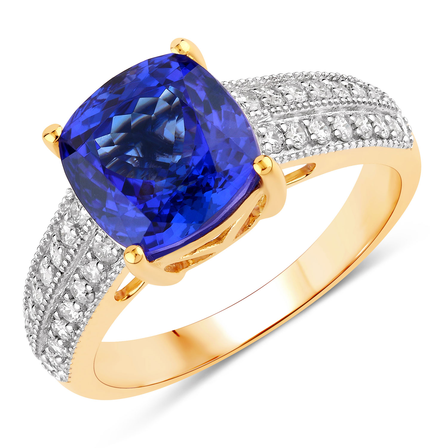 4.14 Carat Genuine Tanzanite and White Diamond 14K Yellow Gold Ring