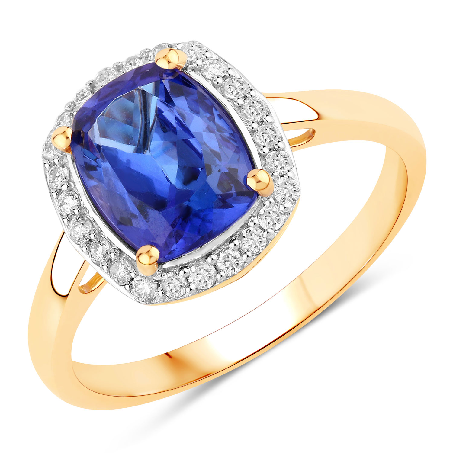 2.20 Carat Genuine Tanzanite and White Diamond 14K Yellow Gold Ring