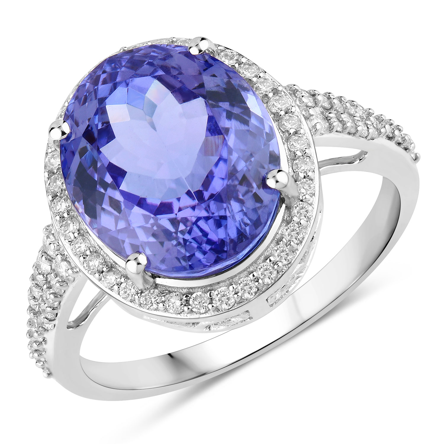 6.48 Carat Genuine Tanzanite and White Diamond 14K White Gold Ring