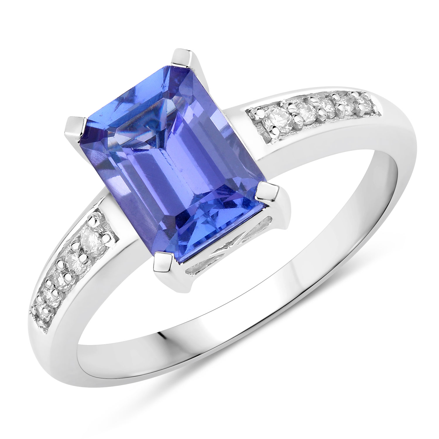 1.87 Carat Genuine Tanzanite and White Diamond 14K White Gold Ring