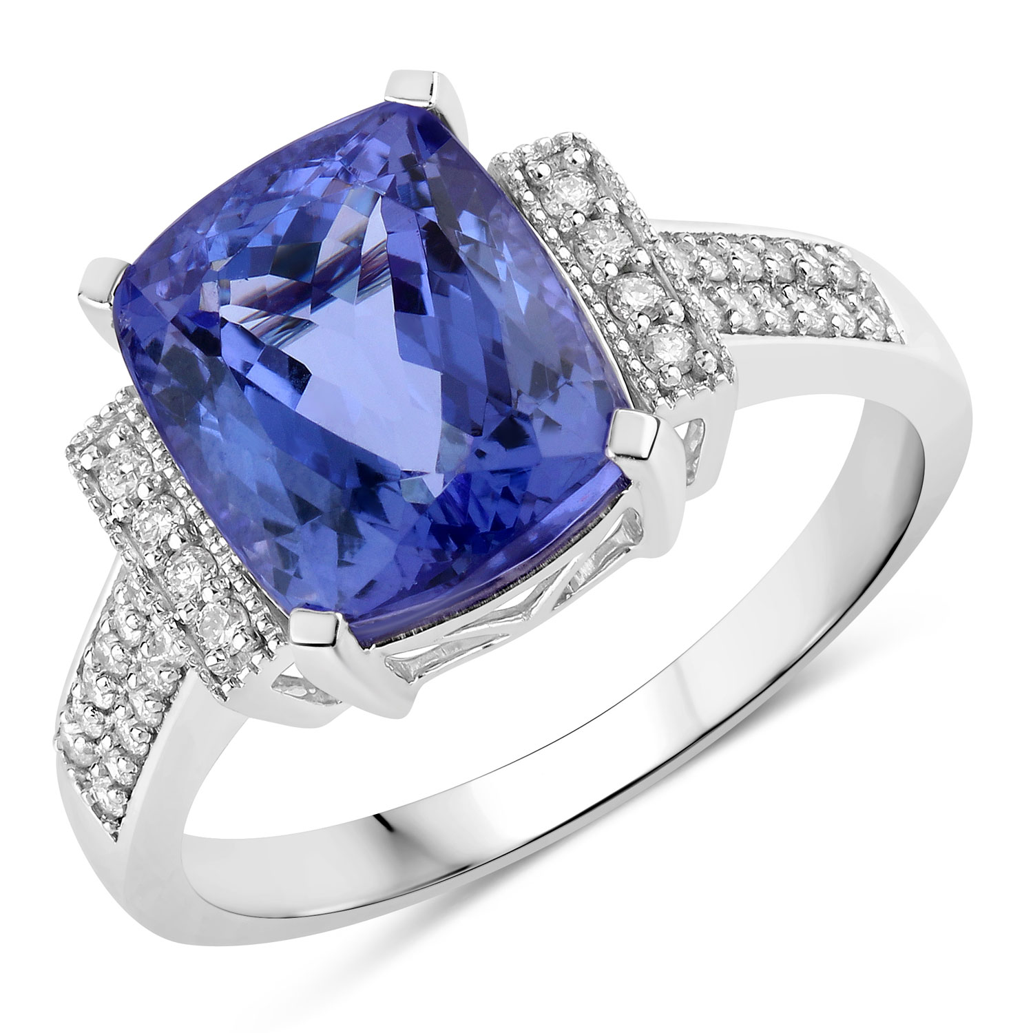 4.85 Carat Genuine Tanzanite and White Diamond 14K White Gold Ring