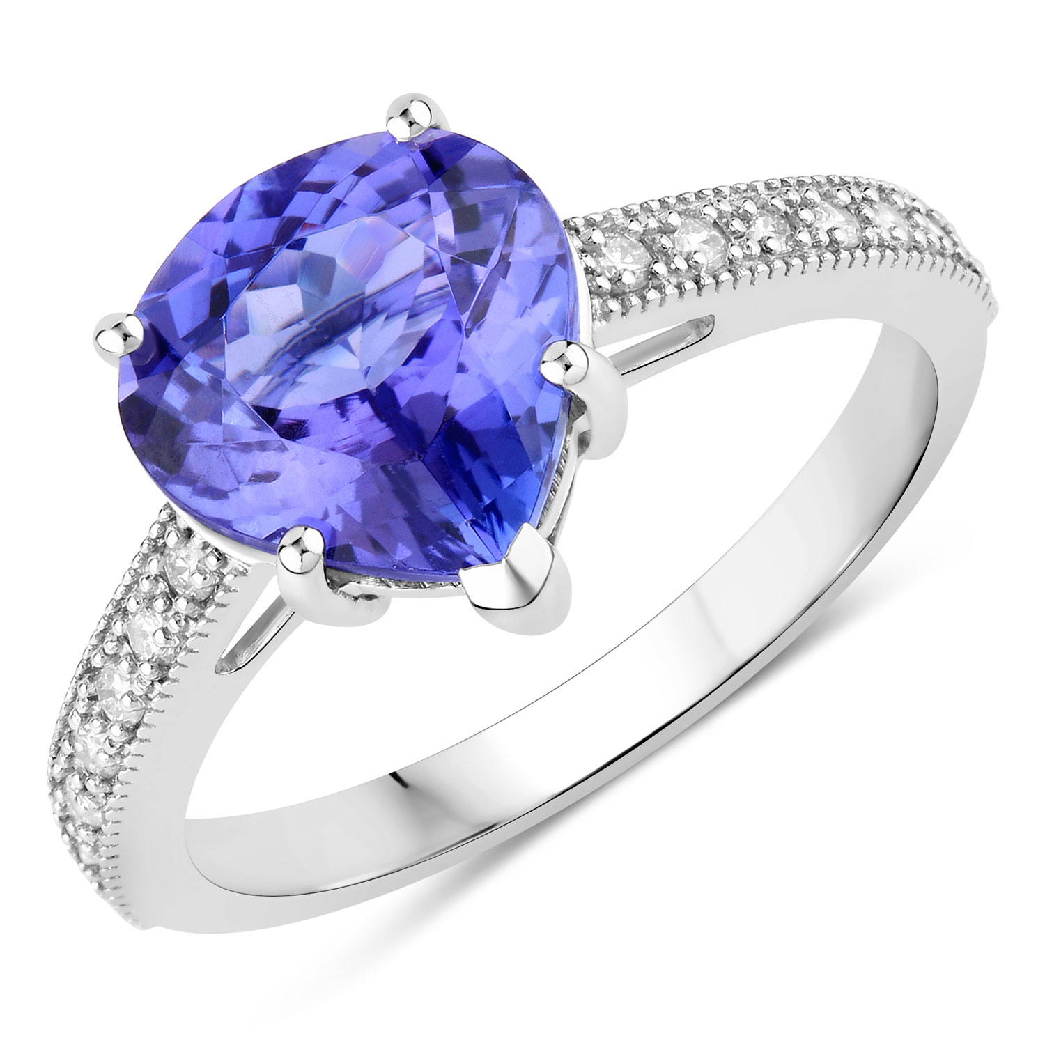 3.08 Carat Genuine Tanzanite and White Diamond 14K White Gold Ring