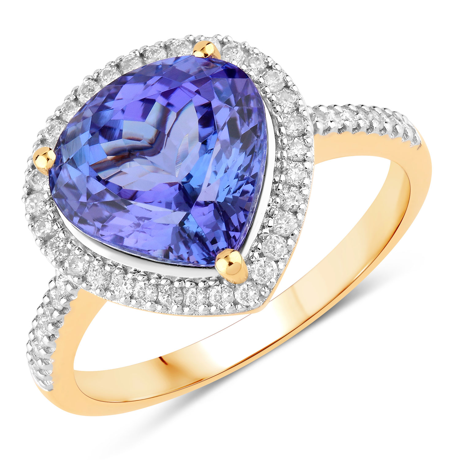 4.41 Carat Genuine Tanzanite and White Diamond 14K Yellow Gold Ring
