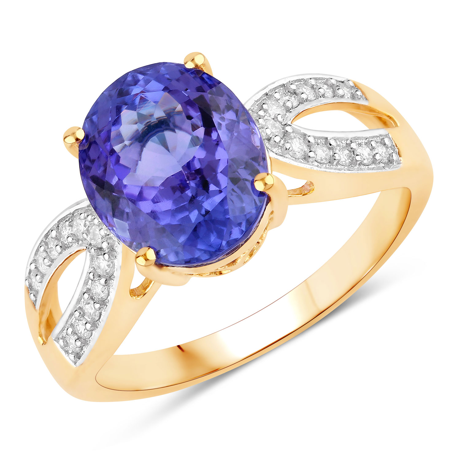 3.63 Carat Genuine Tanzanite and White Diamond 14K Yellow Gold Ring
