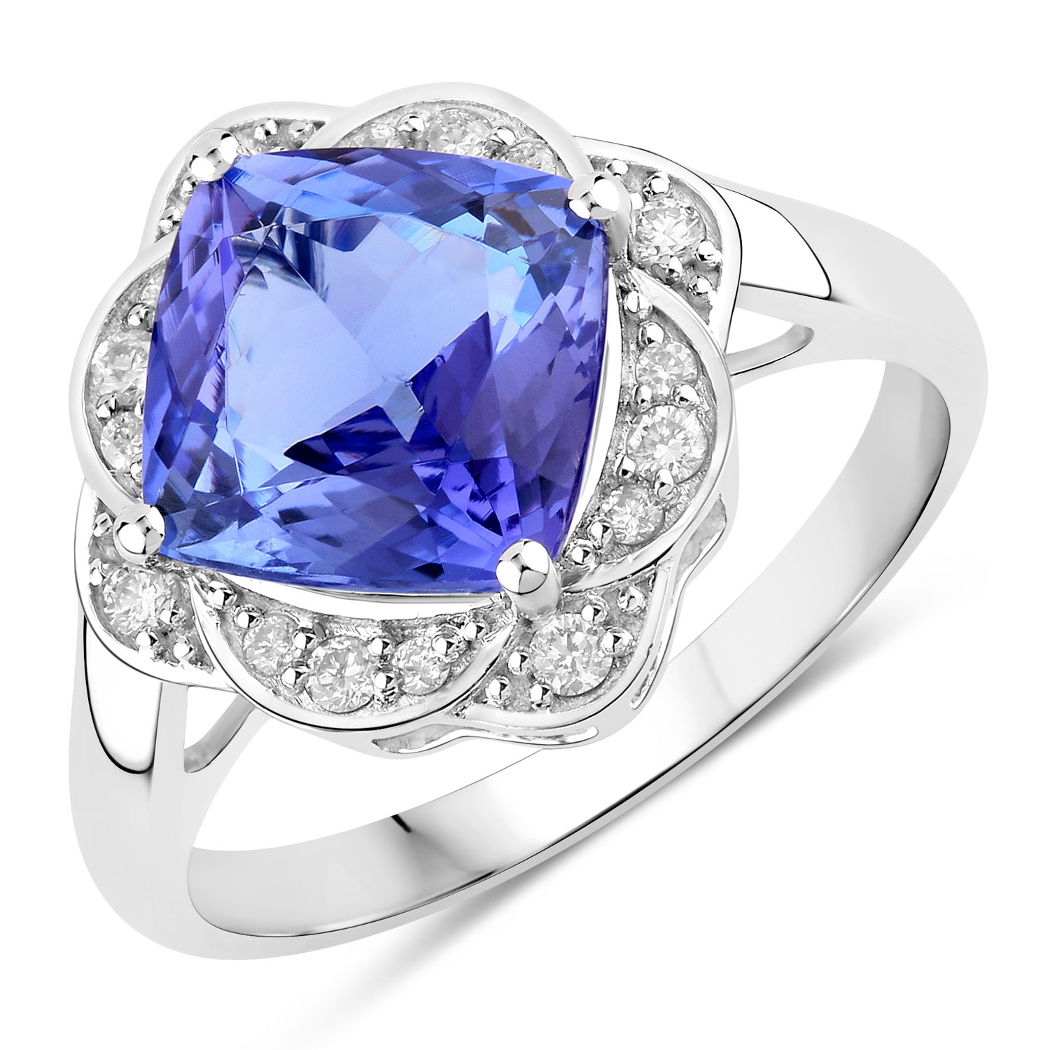 3.51 Carat Genuine Tanzanite and White Diamond 14K White Gold Ring