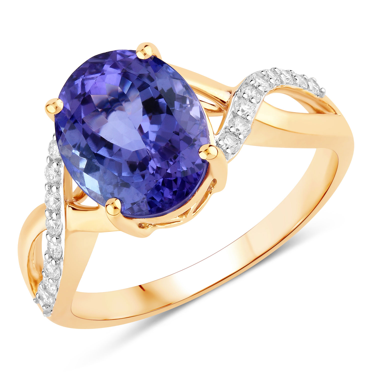 3.67 Carat Genuine Tanzanite and White Diamond 14K Yellow Gold Ring