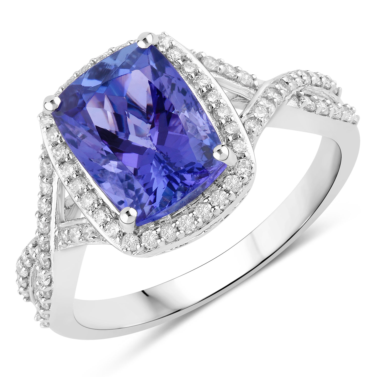 3.34 Carat Genuine Tanzanite and White Diamond 14K White Gold Ring