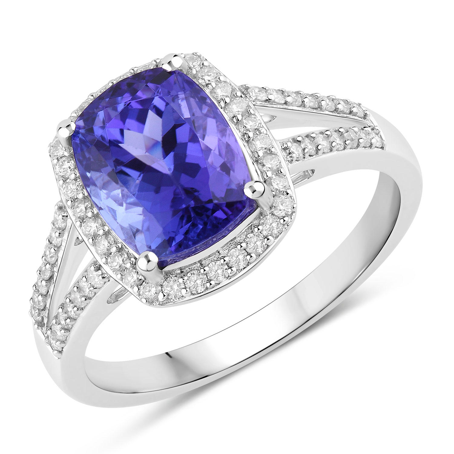3.37 Carat Genuine Tanzanite and White Diamond 14K White Gold Ring