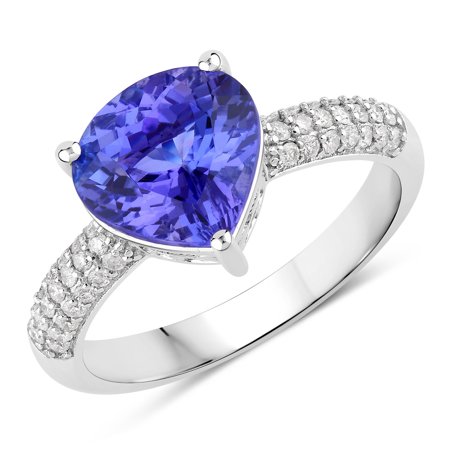3.18 Carat Genuine Tanzanite and White Diamond 14K White Gold Ring
