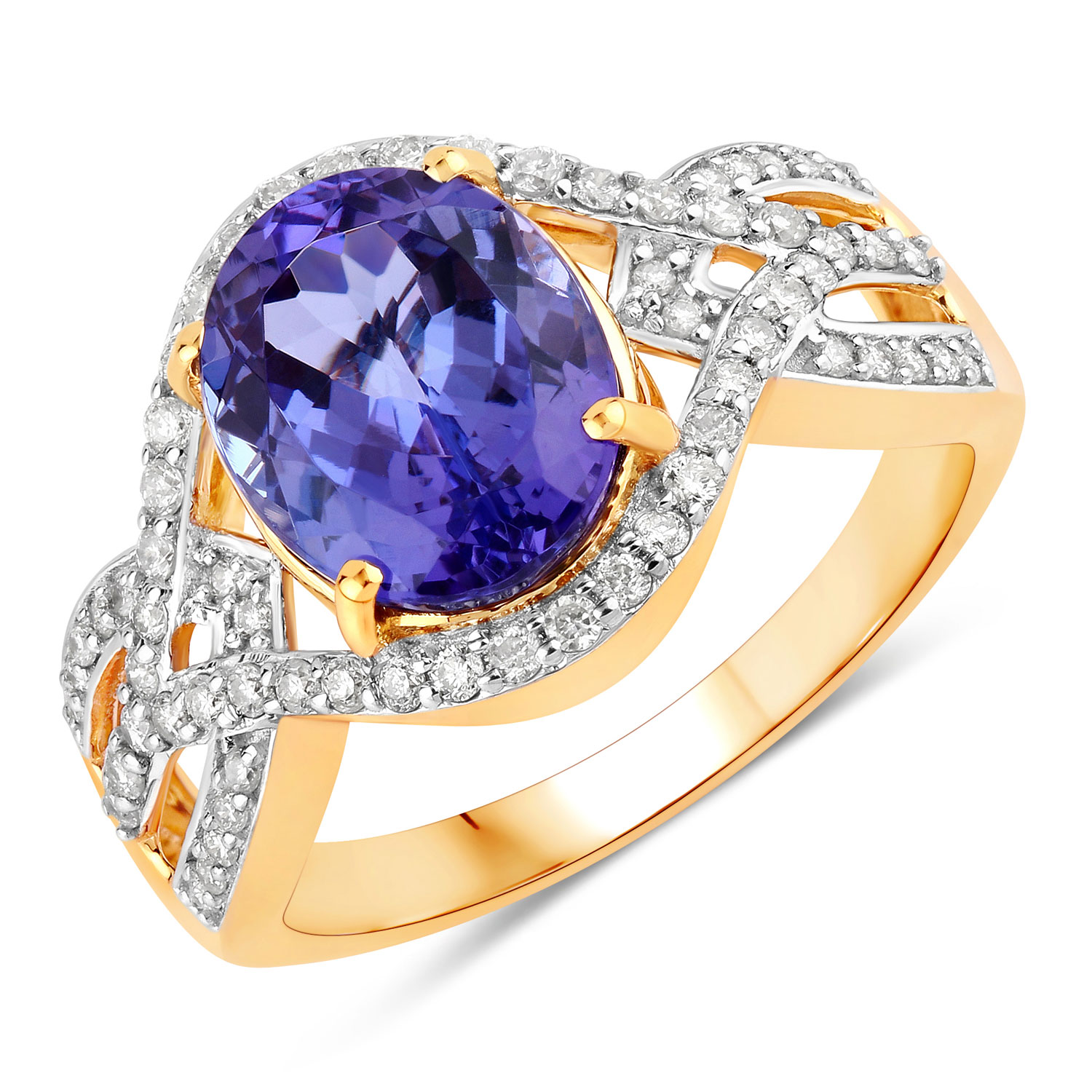 3.56 Carat Genuine Tanzanite and White Diamond 14K Yellow Gold Ring