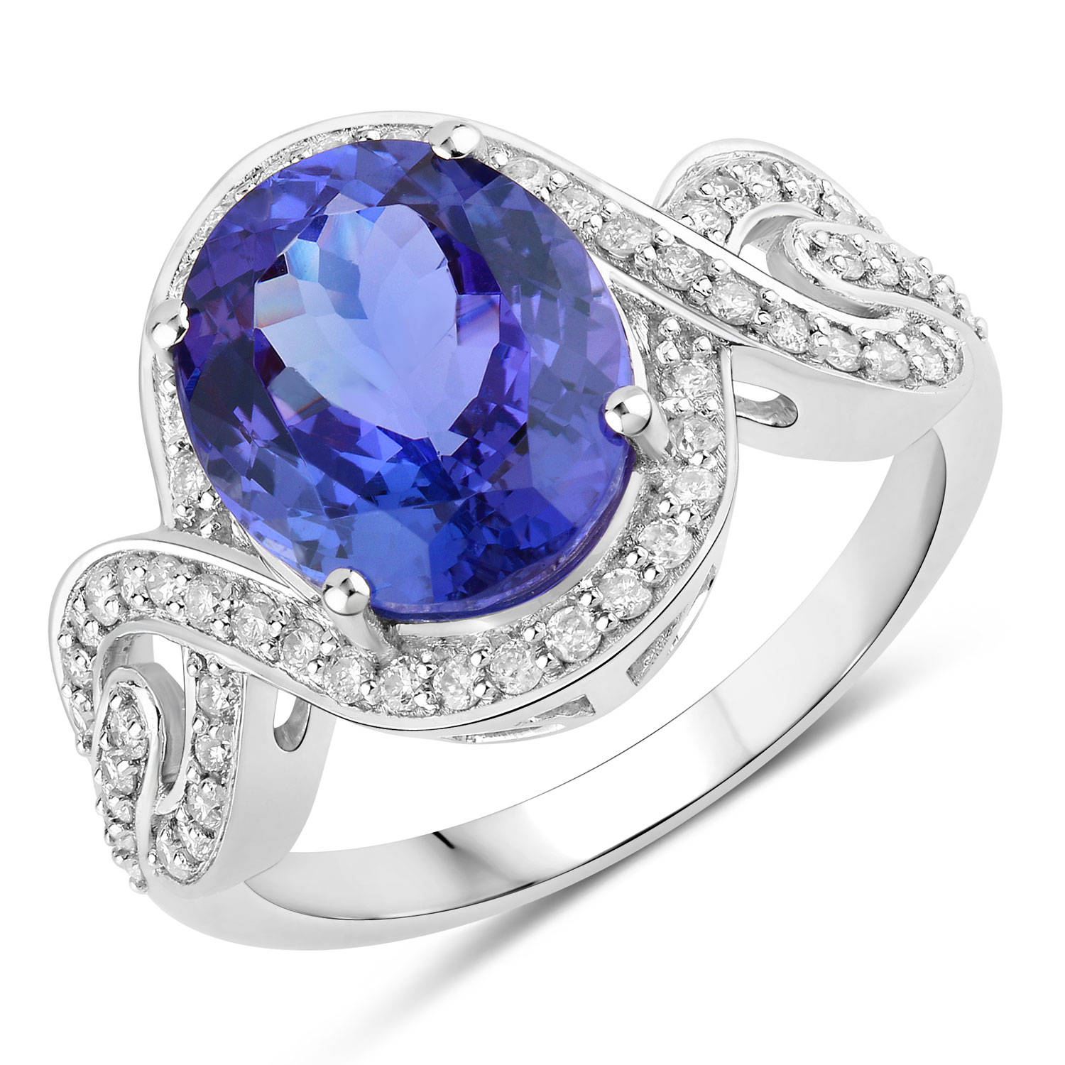 4.54 Carat Genuine Tanzanite and White Diamond 14K White Gold Ring