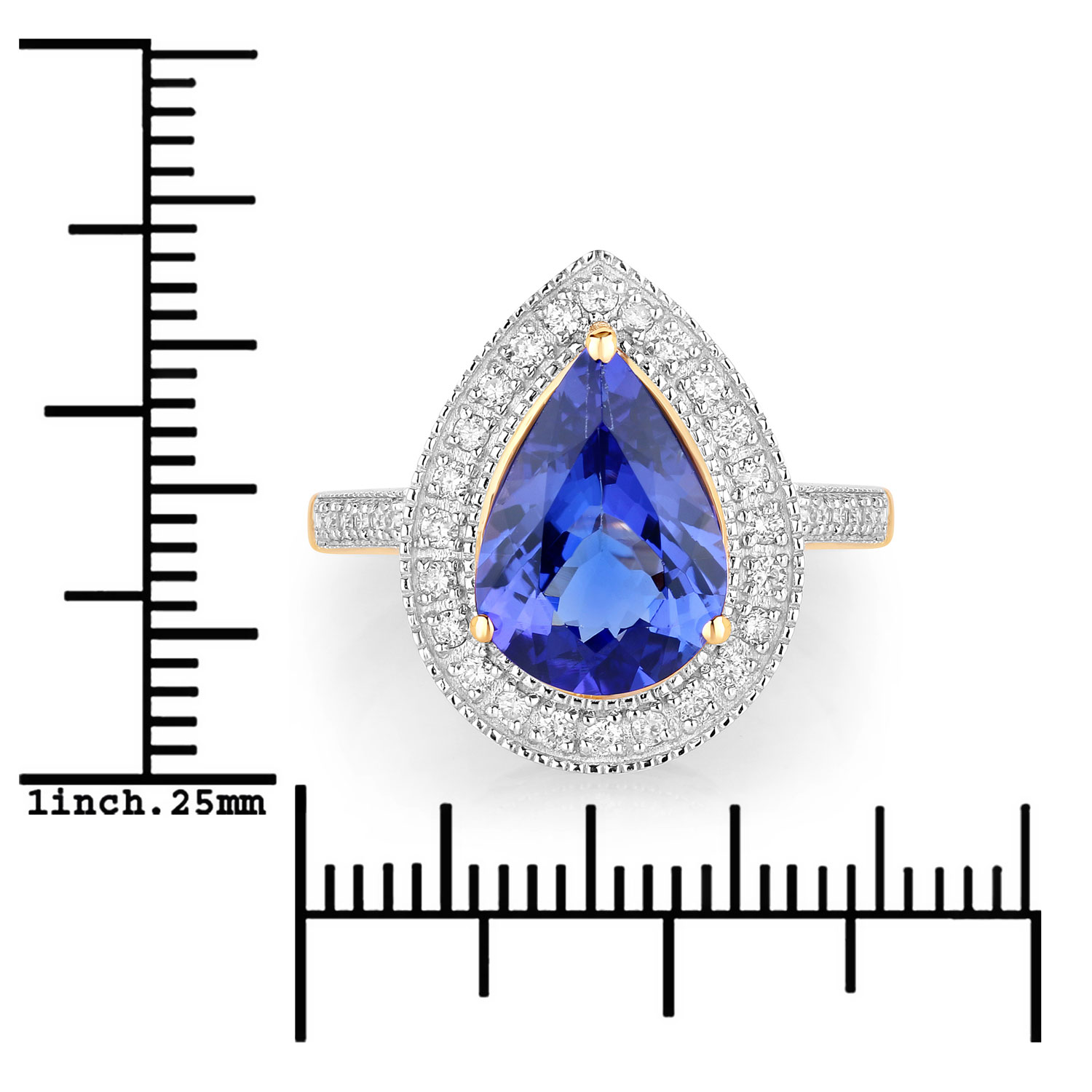 3.37 Carat Genuine Tanzanite and White Diamond 14K Yellow Gold Ring