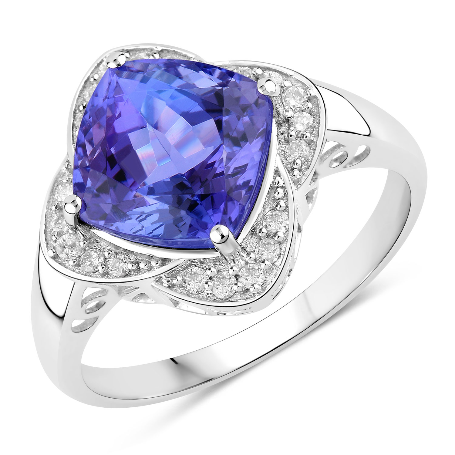 4.32 Carat Genuine Tanzanite and White Diamond 14K White Gold Ring