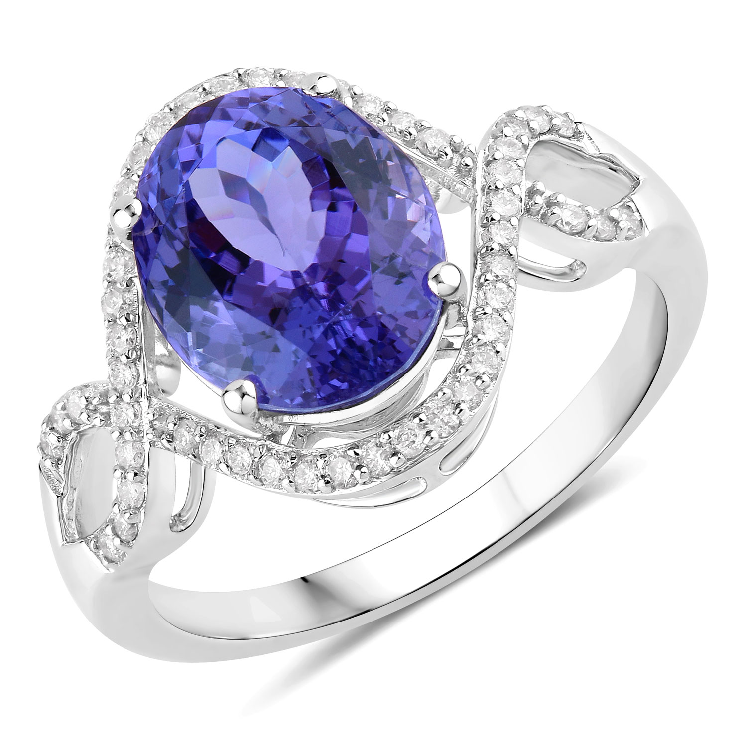 4.19 Carat Genuine Tanzanite and White Diamond 14K White Gold Ring