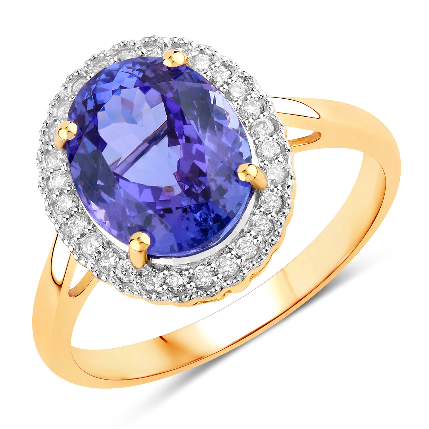 3.90 Carat Genuine Tanzanite and White Diamond 14K Yellow Gold Ring