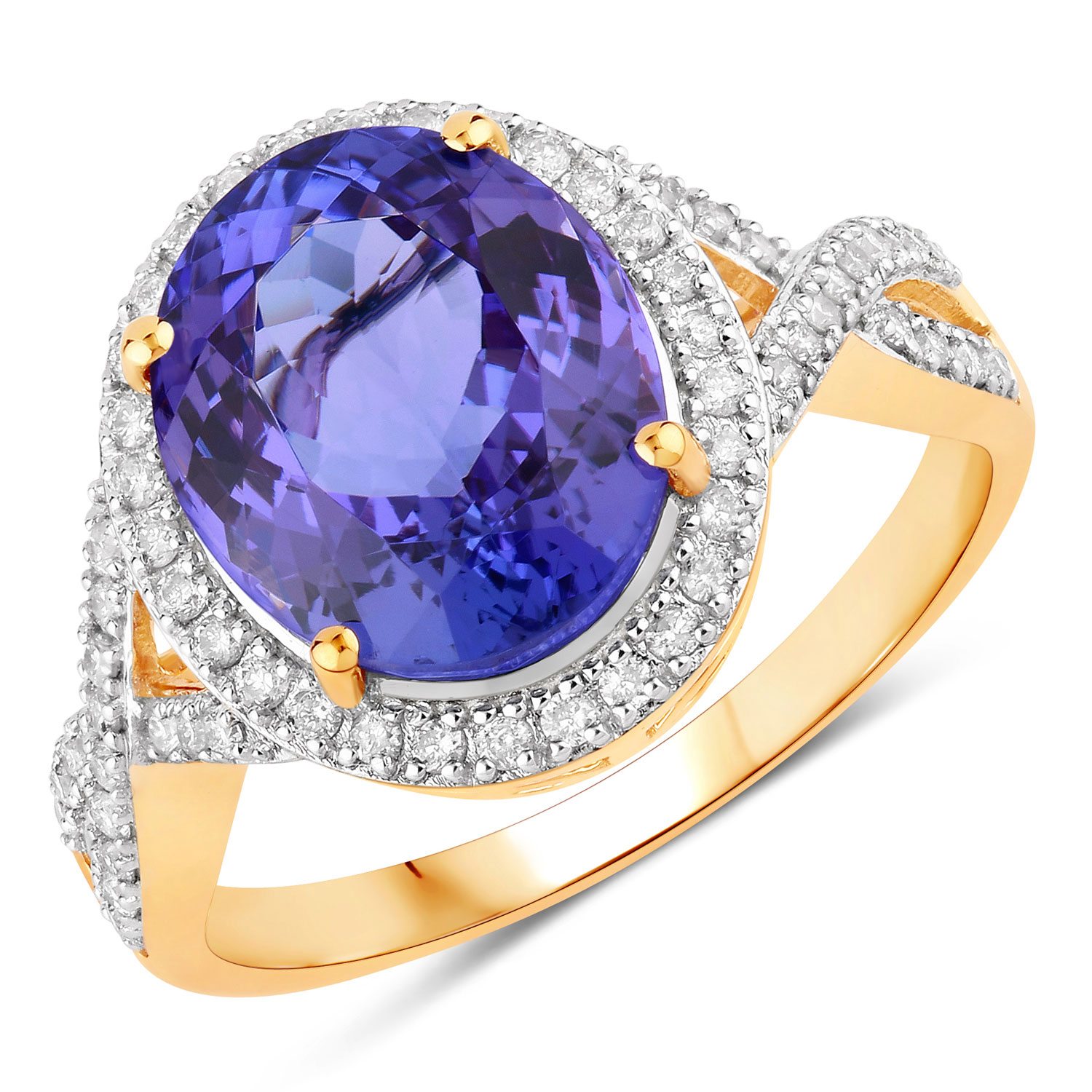 4.76 Carat Genuine Tanzanite and White Diamond 14K Yellow Gold Ring