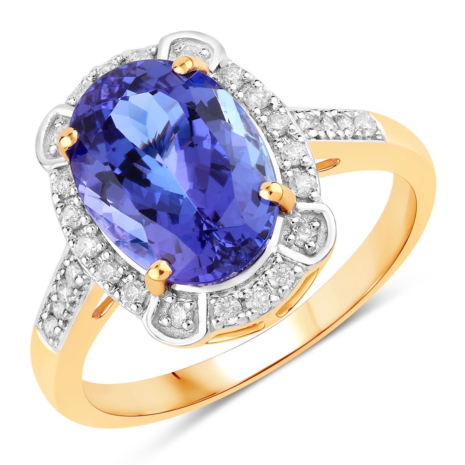 4.17 Carat Genuine Tanzanite and White Diamond 14K Yellow Gold Ring