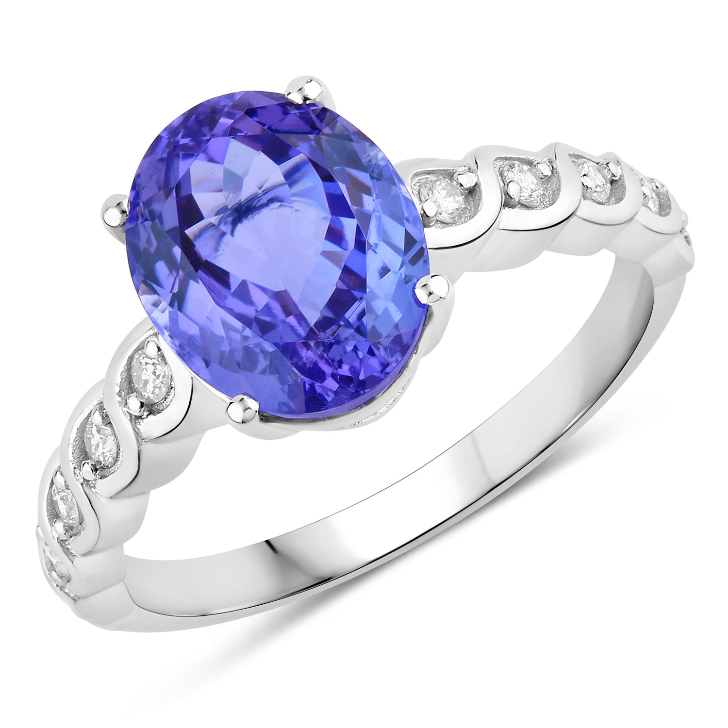 3.19 Carat Genuine Tanzanite and White Diamond 14K White Gold Ring