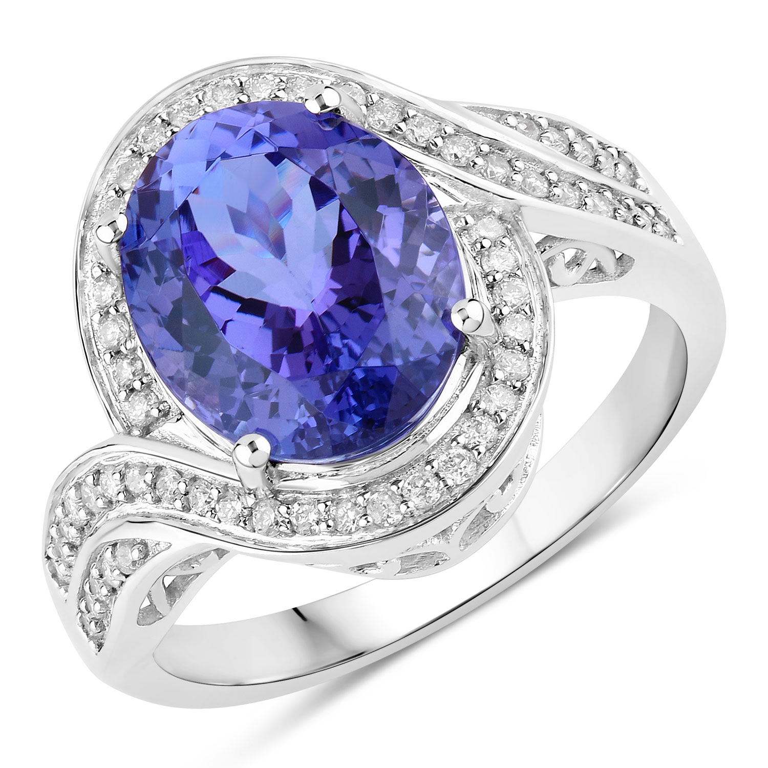 4.51 Carat Genuine Tanzanite and White Diamond 14K White Gold Ring
