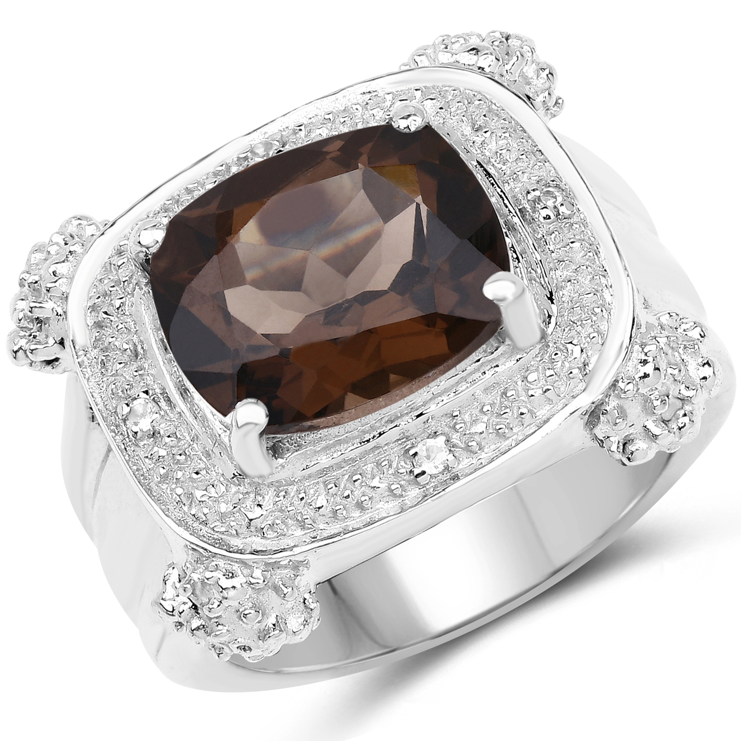 4.64 Carat Genuine Smoky Quartz and White Topaz .925 Sterling Silver Ring
