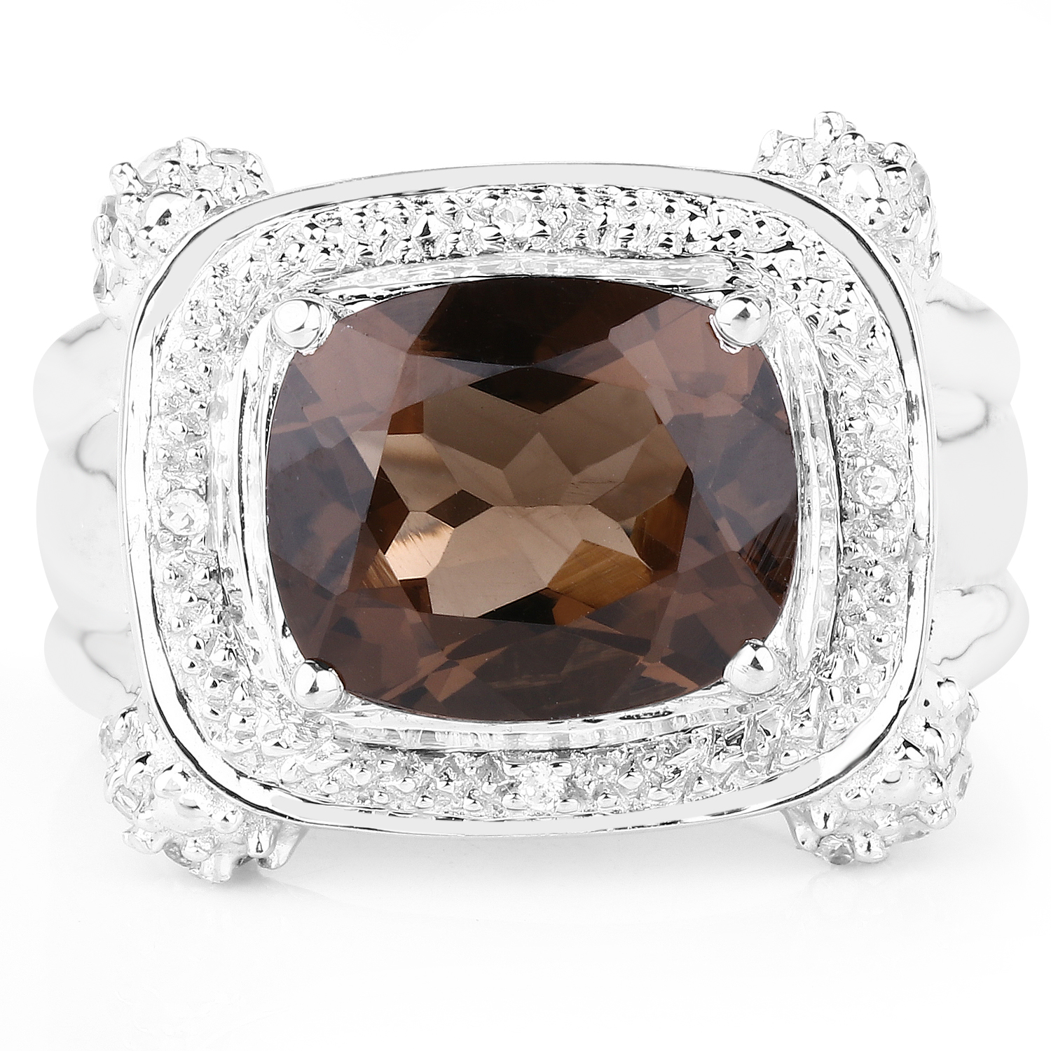 4.64 Carat Genuine Smoky Quartz and White Topaz .925 Sterling Silver Ring